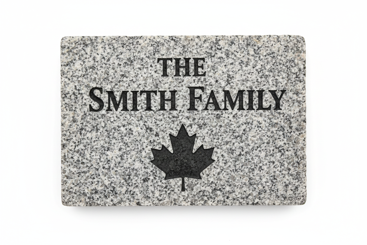 Medium granite paving stone 12x12 inches horizontal with donor name and maple leaf