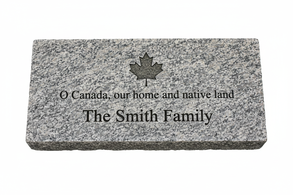 Large granite paving stone 12x24 inches horizontal with O Canada dedication and donor name